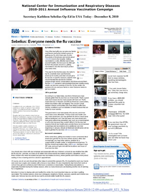 CDC Influenza - Kathleen Sebelius Op-Ed