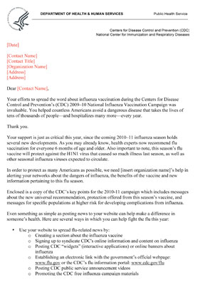 CDC Influenza - Sample Partner Letter